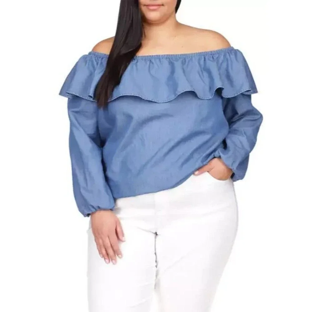 MICHAEL Michael Kors Off The Shoulder Denim Chambray Ruffle Top Plus Size 2X - Picture 11 of 11